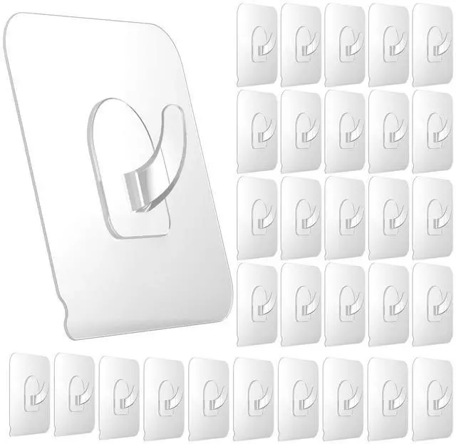 Main image of 30 Pack Adhesive Hooks for Hanging, 33lb Heavy Duty Wall Hooks, Clear Plastic Sticky Utility Hook for Home Kitchen Bathroom Office Use
