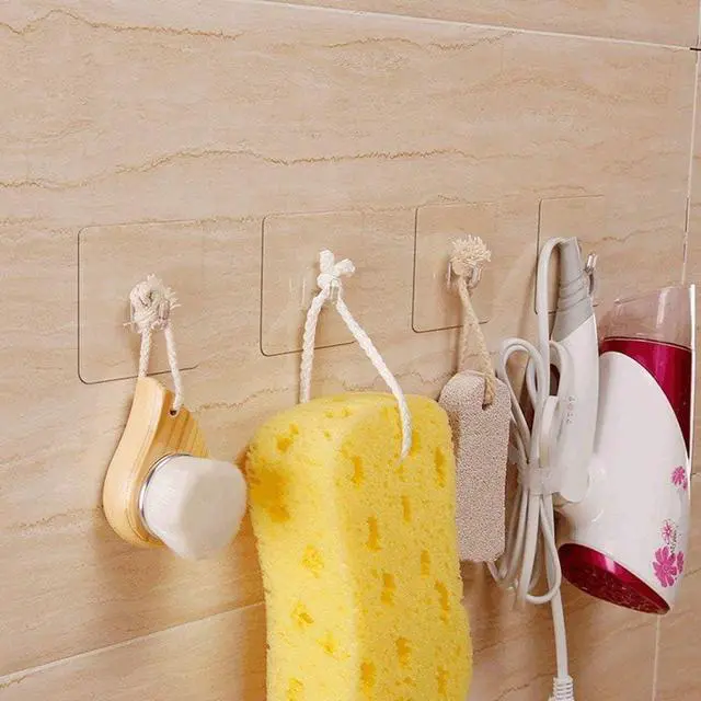 Alt view image 2 of 7 - 30 Pack Adhesive Hooks for Hanging, 33lb Heavy Duty Wall Hooks, Clear Plastic Sticky Utility Hook for Home Kitchen Bathroom Office Use