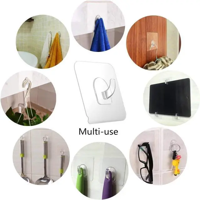 Alt view image 4 of 7 - 30 Pack Adhesive Hooks for Hanging, 33lb Heavy Duty Wall Hooks, Clear Plastic Sticky Utility Hook for Home Kitchen Bathroom Office Use