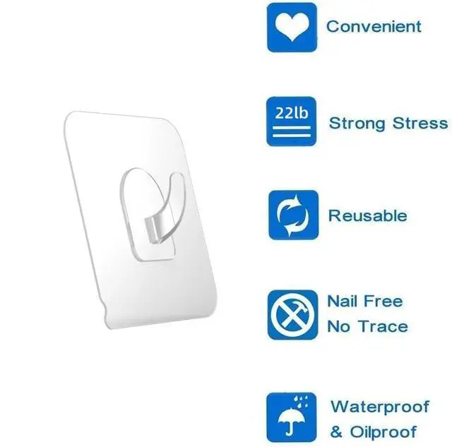 Alt view image 6 of 7 - 30 Pack Adhesive Hooks for Hanging, 33lb Heavy Duty Wall Hooks, Clear Plastic Sticky Utility Hook for Home Kitchen Bathroom Office Use