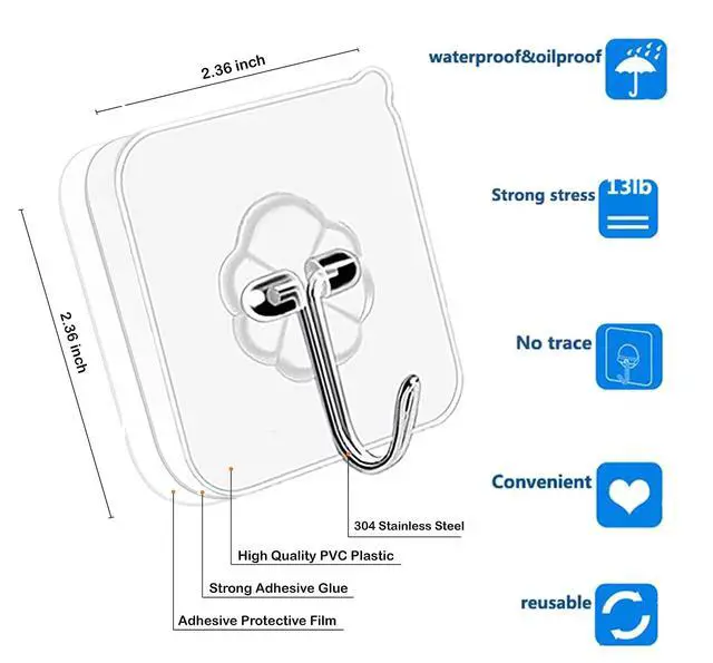 Alt view image 4 of 6 - Adhesive Hooks Kitchen Wall Hooks - 24 Packs Heavy Duty 24lb(Max) Nail Free Transparent,Waterproof,Sticky Stainless Hangers for Keys,Bathroom, Shower, Outdoor, Kitchen,Door,Home Improvement,Utility