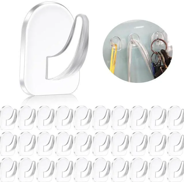 Main image of 30 PCS Clear Adhesive Wall Hooks - Transparent Acrylic, Reusable & Non - Marking. Ideal for Kitchen, Bath, Bedroom & Office