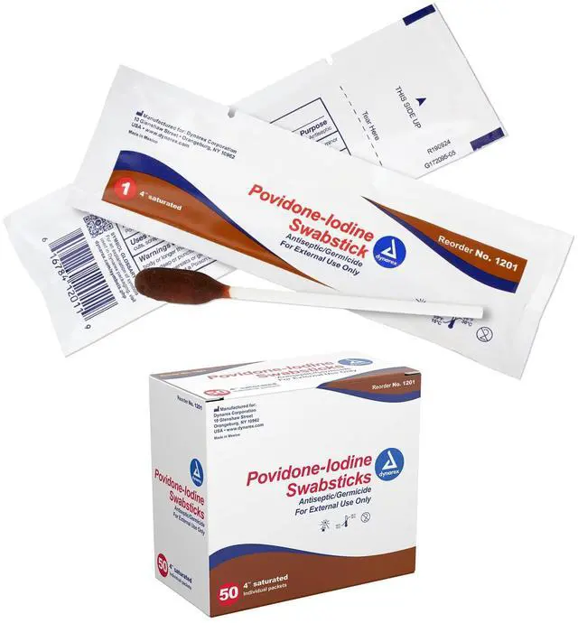 Main image of Povidone Iodine Swabsticks, Swabstick Packaged in Individual Foil Pack, Antiseptic for Skin Preparation, Brown, 1 Box of 50 Dynarex Povidone Iodine Swabsticks