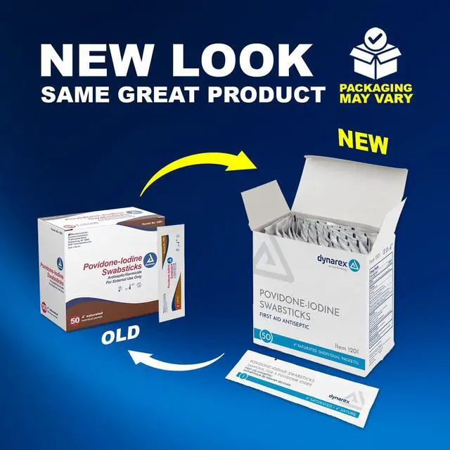 Alt view image 2 of 7 - Povidone Iodine Swabsticks, Swabstick Packaged in Individual Foil Pack, Antiseptic for Skin Preparation, Brown, 1 Box of 50 Dynarex Povidone Iodine Swabsticks