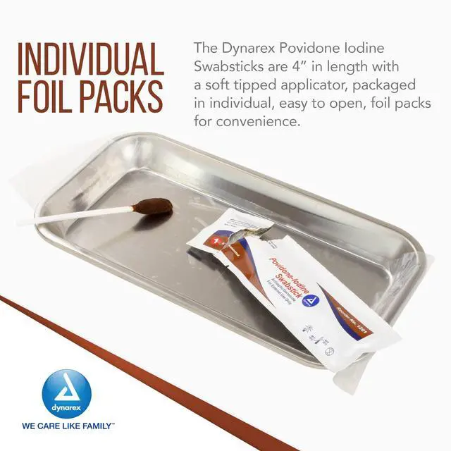 Alt view image 4 of 7 - Povidone Iodine Swabsticks, Swabstick Packaged in Individual Foil Pack, Antiseptic for Skin Preparation, Brown, 1 Box of 50 Dynarex Povidone Iodine Swabsticks
