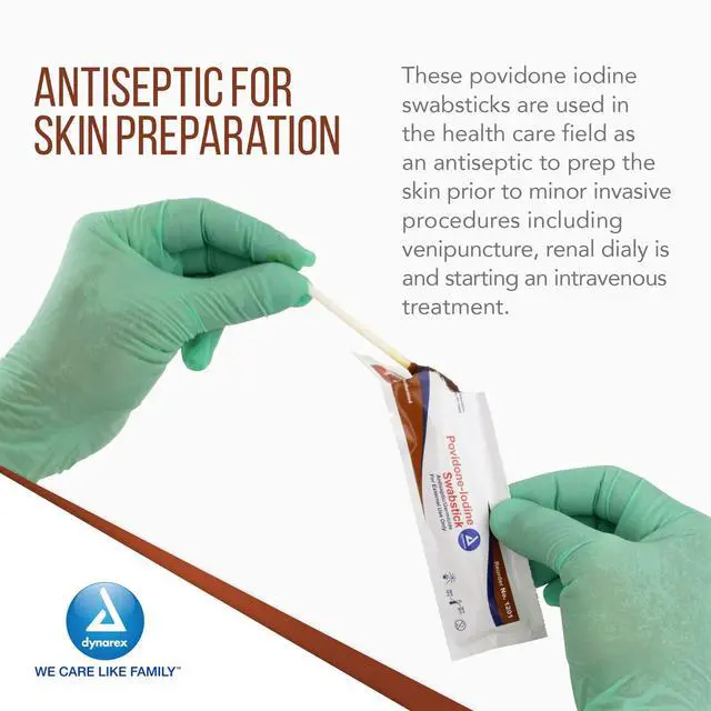 Alt view image 5 of 7 - Povidone Iodine Swabsticks, Swabstick Packaged in Individual Foil Pack, Antiseptic for Skin Preparation, Brown, 1 Box of 50 Dynarex Povidone Iodine Swabsticks