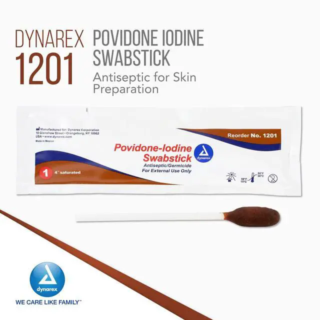 Alt view image 3 of 7 - Povidone Iodine Swabsticks, Swabstick Packaged in Individual Foil Pack, Antiseptic for Skin Preparation, Brown, 1 Box of 50 Dynarex Povidone Iodine Swabsticks