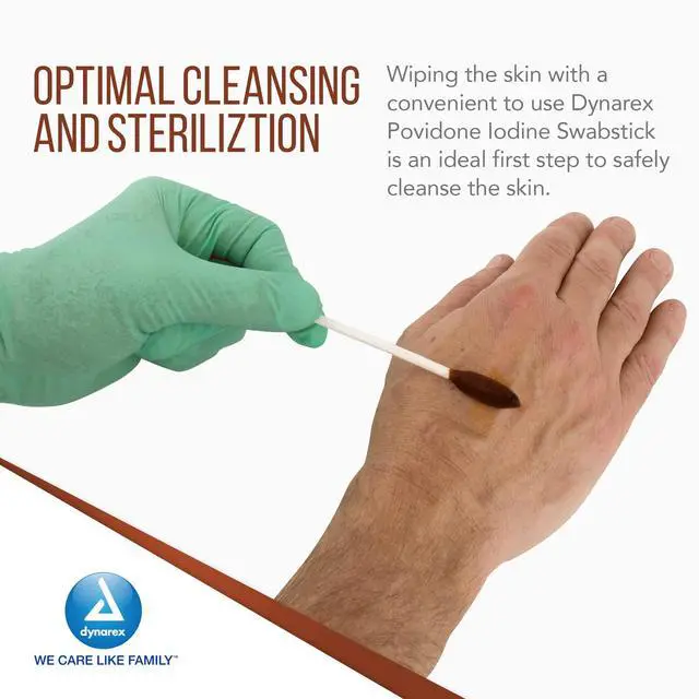 Alt view image 6 of 7 - Povidone Iodine Swabsticks, Swabstick Packaged in Individual Foil Pack, Antiseptic for Skin Preparation, Brown, 1 Box of 50 Dynarex Povidone Iodine Swabsticks