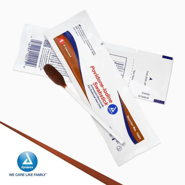 Alt view image 7 of 7 - Povidone Iodine Swabsticks, Swabstick Packaged in Individual Foil Pack, Antiseptic for Skin Preparation, Brown, 1 Box of 50 Dynarex Povidone Iodine Swabsticks