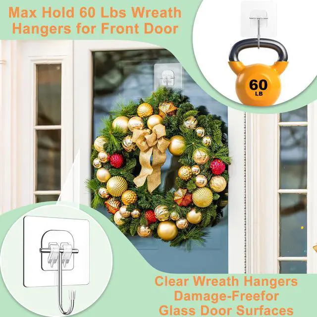 Alt view image 2 of 7 - 8 Pack Heavy-Duty Wreath Hangers for Front Door Seasonal Christmas & Halloween Decorations, Over-The-Door Hooks Organizer, Clear Adhesive Hooks