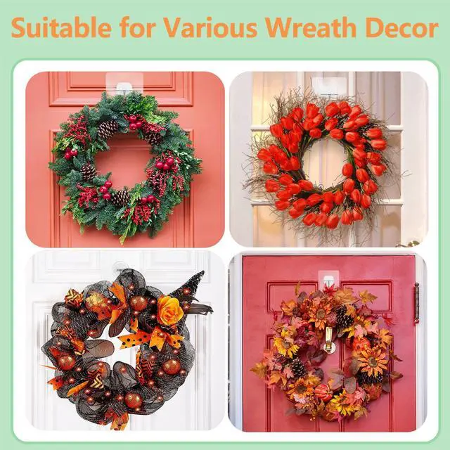 Alt view image 3 of 7 - 8 Pack Heavy-Duty Wreath Hangers for Front Door Seasonal Christmas & Halloween Decorations, Over-The-Door Hooks Organizer, Clear Adhesive Hooks