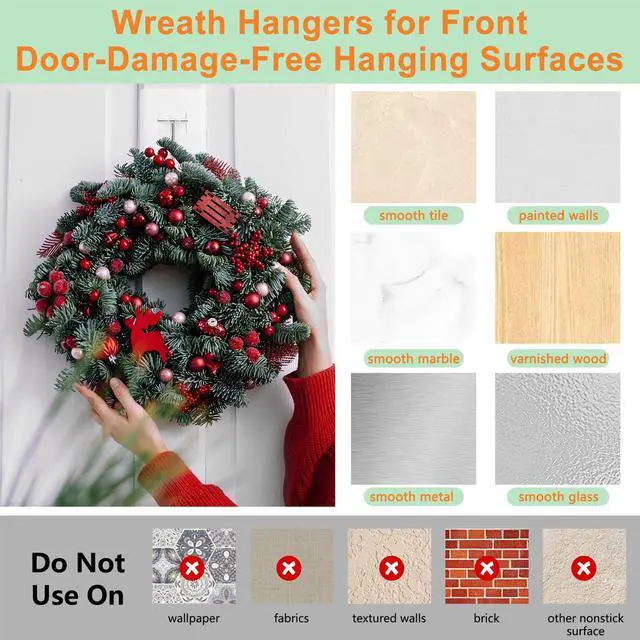 Alt view image 4 of 7 - 8 Pack Heavy-Duty Wreath Hangers for Front Door Seasonal Christmas & Halloween Decorations, Over-The-Door Hooks Organizer, Clear Adhesive Hooks