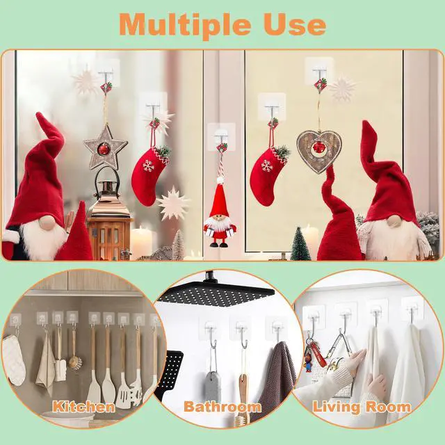 Alt view image 5 of 7 - 8 Pack Heavy-Duty Wreath Hangers for Front Door Seasonal Christmas & Halloween Decorations, Over-The-Door Hooks Organizer, Clear Adhesive Hooks