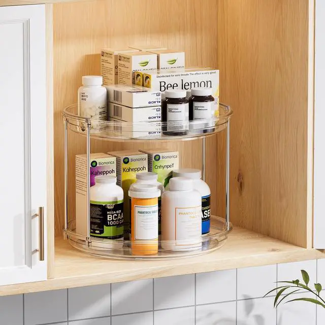 Alt view image 3 of 7 - 2 Tier Lazy Susan Turntable Organizer 9.25'' Rotating Spice Rack Organization for Cabinet, Kitchen, Pantry, Countertop, Bathroom, Vanity, Medicine Cabinet Organizer, Clear