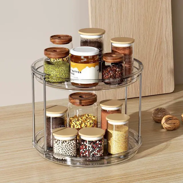 Alt view image 7 of 7 - 2 Tier Lazy Susan Turntable Organizer 9.25'' Rotating Spice Rack Organization for Cabinet, Kitchen, Pantry, Countertop, Bathroom, Vanity, Medicine Cabinet Organizer, Clear