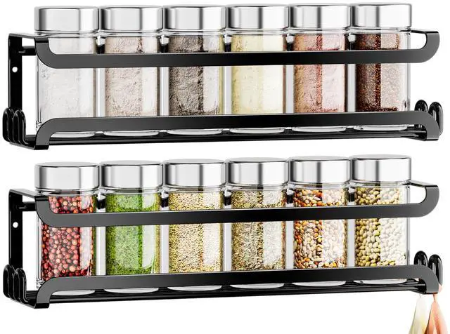 Main image of LUCYCAZ 2 Pack Wall Mounted Spice Rack with 8 Hooks, Spice Organizer Shelf for Stove Cabinet Pantry Door,Screw or Adhesive Spice Shelf Hanging Wall Spice Rack in Kitchen and RV (Black, 2 PACK)