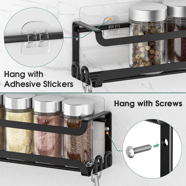 Alt view image 6 of 7 - LUCYCAZ 2 Pack Wall Mounted Spice Rack with 8 Hooks, Spice Organizer Shelf for Stove Cabinet Pantry Door,Screw or Adhesive Spice Shelf Hanging Wall Spice Rack in Kitchen and RV (Black, 2 PACK)