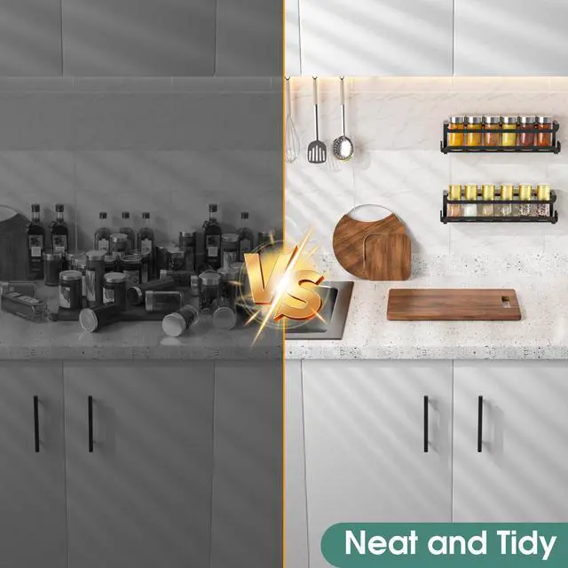 Alt view image 7 of 7 - LUCYCAZ 2 Pack Wall Mounted Spice Rack with 8 Hooks, Spice Organizer Shelf for Stove Cabinet Pantry Door,Screw or Adhesive Spice Shelf Hanging Wall Spice Rack in Kitchen and RV (Black, 2 PACK)