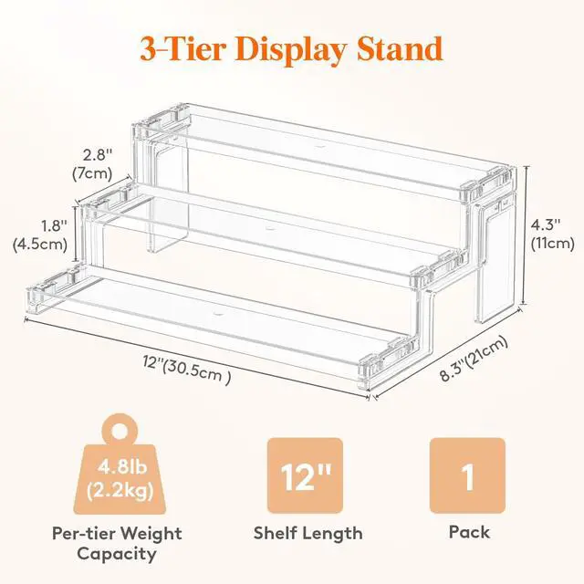 Alt view image 3 of 7 - Spice Rack, Perfume Cologne Organizer, Cupcake Stand, Tool-Free Assembly, Display Riser Shelf, Seasoning Figurine Makeup Holder, Room Decor, Kitchen Cabinet Storage, Clear, 12in-3 Tier, 1 Pcs