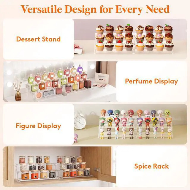 Alt view image 6 of 7 - Spice Rack, Perfume Cologne Organizer, Cupcake Stand, Tool-Free Assembly, Display Riser Shelf, Seasoning Figurine Makeup Holder, Room Decor, Kitchen Cabinet Storage, Clear, 12in-3 Tier, 1 Pcs