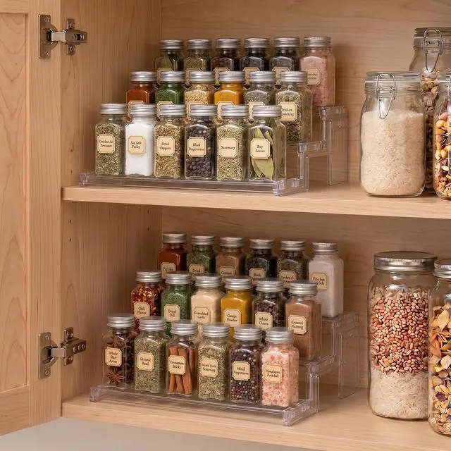 Alt view image 7 of 7 - Spice Rack, Perfume Cologne Organizer, Cupcake Stand, Tool-Free Assembly, Display Riser Shelf, Seasoning Figurine Makeup Holder, Room Decor, Kitchen Cabinet Storage, Clear, 12in-3 Tier, 1 Pcs
