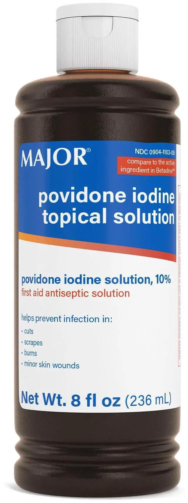 Main image of Major 10% Povidone-Iodine Liquid Topical Solution, USP - Topical Antiseptic for Cuts, Scrapes, Burns, and Minor Skin Wounds - 8 Fl. Oz.
