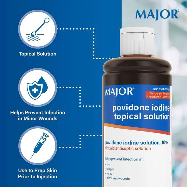 Alt view image 5 of 7 - Major 10% Povidone-Iodine Liquid Topical Solution, USP - Topical Antiseptic for Cuts, Scrapes, Burns, and Minor Skin Wounds - 8 Fl. Oz.