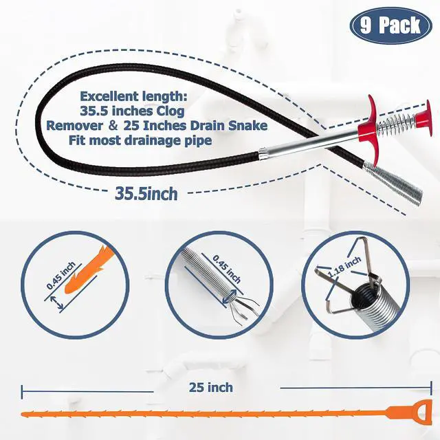Alt view image 2 of 7 - 35.5inch Drain Clog Remover(1pcs), 25inch Drain Snake Hair Remover(6pcs) Cleaning Brush(2pcs), Hair Catcher Drain Auger Cleaner Tool Set For Toilet, Kitchen Sink, Bathroom Tub, Sewer, 9 Pack
