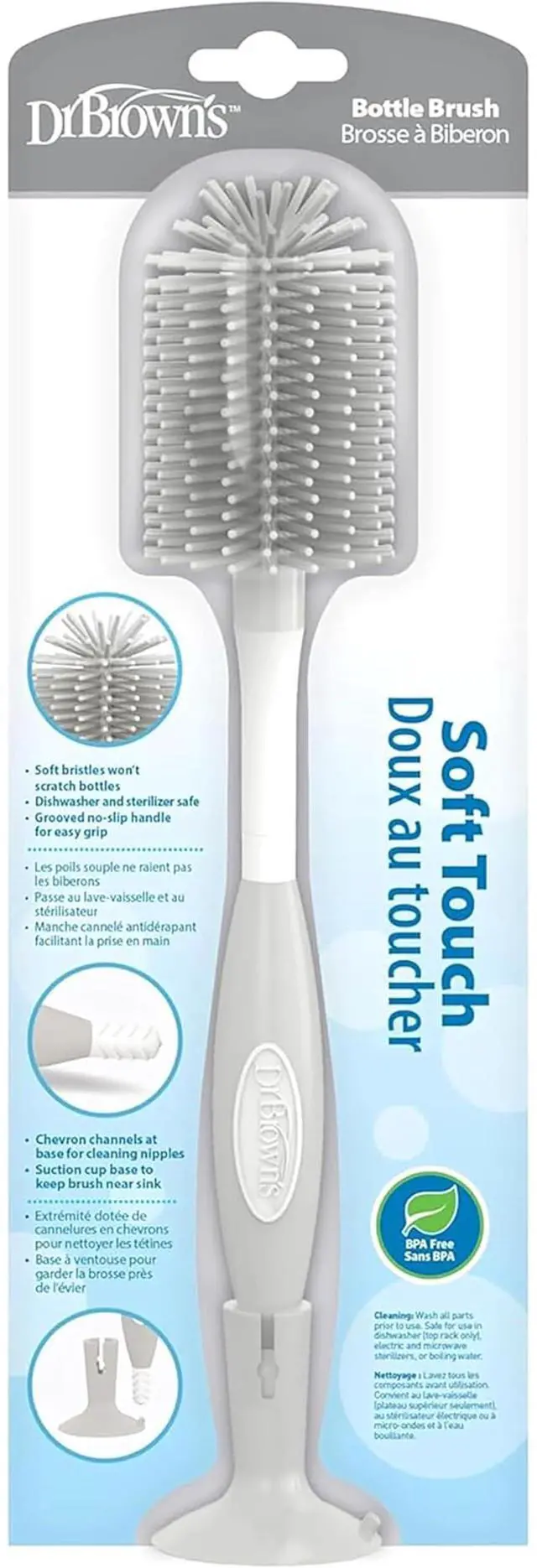 Main image of Dr. Brown's Soft Touch No Scratch Baby Bottle Cleaning Brush, Nipple Cleaner & Suction Cup Base for Easy Storage, BPA Free, Gray (Pack of 1)