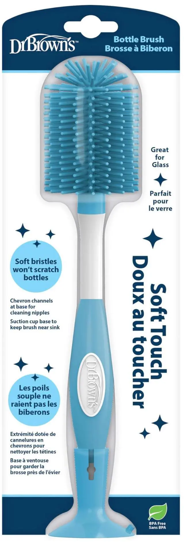 Main image of Dr. Brown's Soft Touch No Scratch Baby Bottle Cleaning Brush Nipple Cleaner with Stand and Storage Clip, BPA Free, Blue 1-Pack