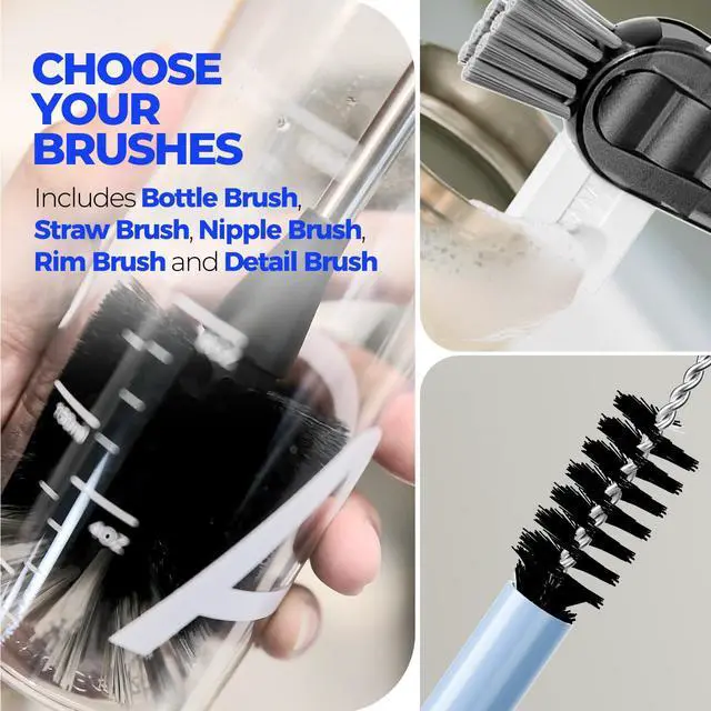 Alt view image 5 of 7 - Holikme 6 Pack Bottle Brush Set, 14" Long Handle Stainless Steel Bottle Cleaner Brush, 3 Straw Brushes, Bottle Cleaning Brush for Water Bottle, Baby Bottle Straws, Black
