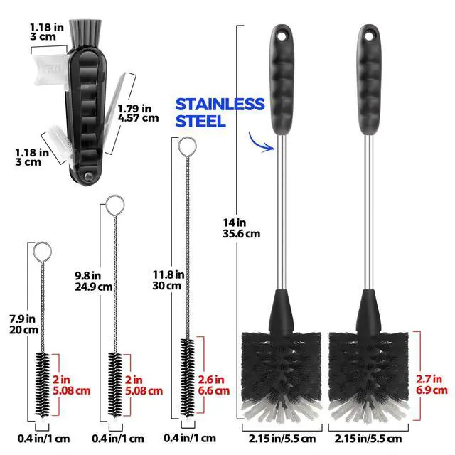 Alt view image 6 of 7 - Holikme 6 Pack Bottle Brush Set, 14" Long Handle Stainless Steel Bottle Cleaner Brush, 3 Straw Brushes, Bottle Cleaning Brush for Water Bottle, Baby Bottle Straws, Black