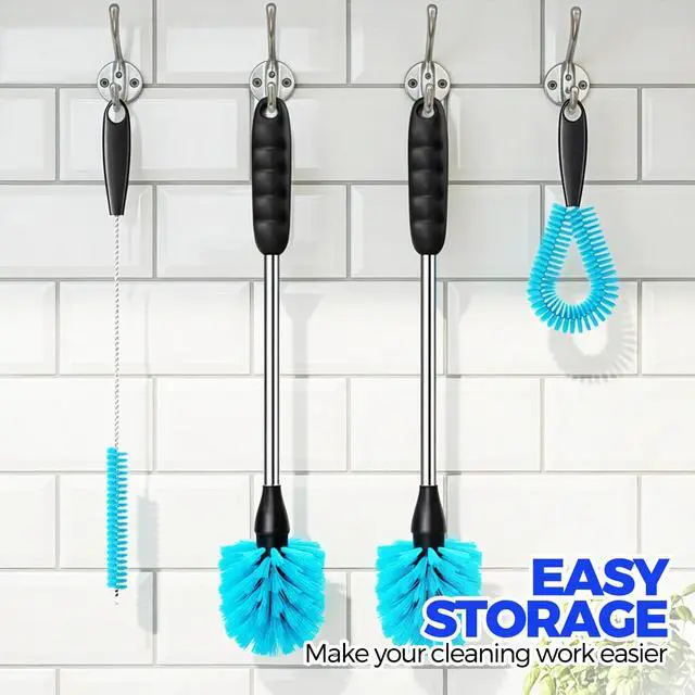 Alt view image 5 of 7 - Holikme 4 Pack Bottle Brush Set, 14.5" Long Handle Stainless Steel Bottle Cleaner Brush, Long-Handled 4-in-1 Stainless Steel Bottle Brushes for Water Bottle, Cups, Abrasive Wheel Brushes, Blue