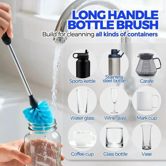 Alt view image 2 of 7 - Holikme 4 Pack Bottle Brush Set, 14.5" Long Handle Stainless Steel Bottle Cleaner Brush, Long-Handled 4-in-1 Stainless Steel Bottle Brushes for Water Bottle, Cups, Abrasive Wheel Brushes, Blue