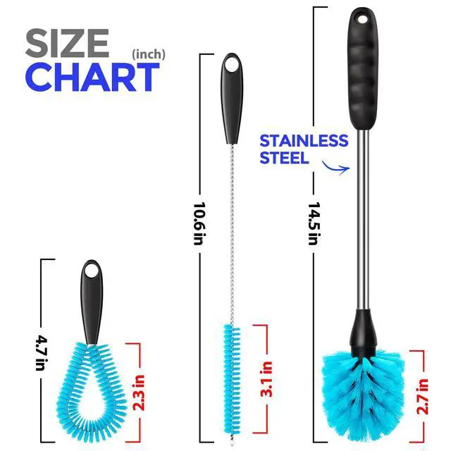 Alt view image 6 of 7 - Holikme 4 Pack Bottle Brush Set, 14.5" Long Handle Stainless Steel Bottle Cleaner Brush, Long-Handled 4-in-1 Stainless Steel Bottle Brushes for Water Bottle, Cups, Abrasive Wheel Brushes, Blue