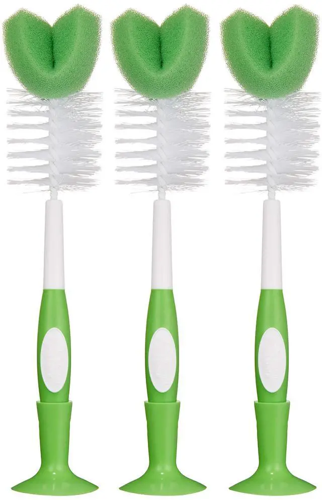 Main image of Amazon Brand - Mama Bear Baby Bottle Brush with Nipple Cleaner and Suction Cup Stand, White (Pack of 3)
