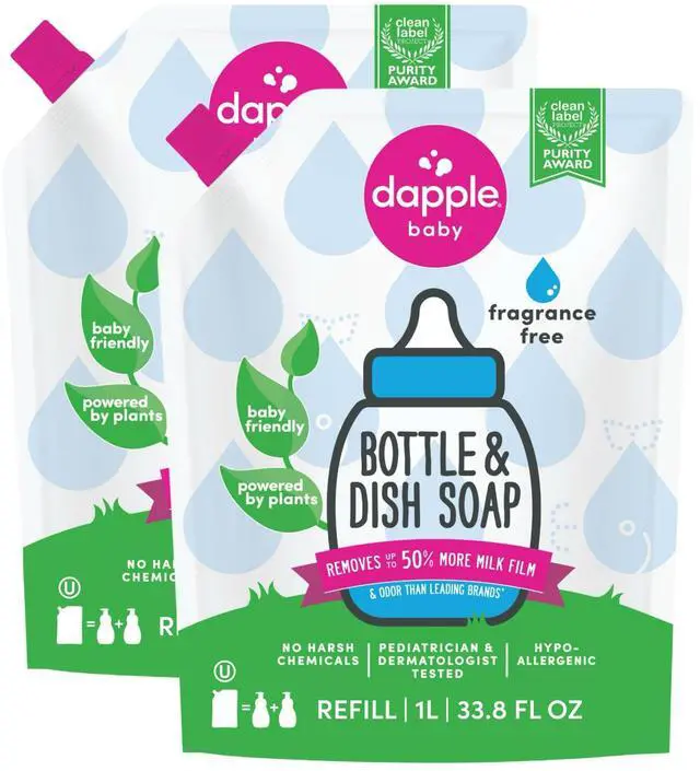 Main image of Dapple Baby Fragrance-Free Bottle & Dish Soap Refill Pouch - (2 Pack) 33.8 fl oz - Plant-Powered Cleaner for Baby Bottles, Pump Parts, and Sippy Cups