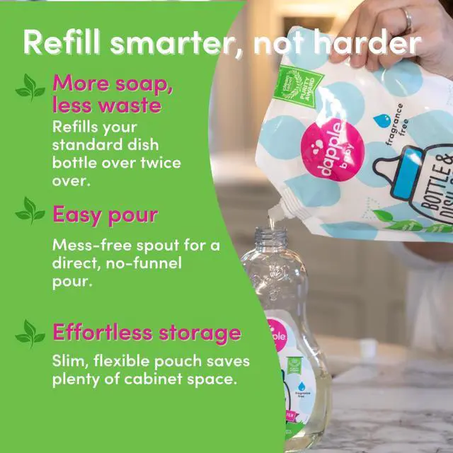 Alt view image 3 of 7 - Dapple Baby Fragrance-Free Bottle & Dish Soap Refill Pouch - (2 Pack) 33.8 fl oz - Plant-Powered Cleaner for Baby Bottles, Pump Parts, and Sippy Cups