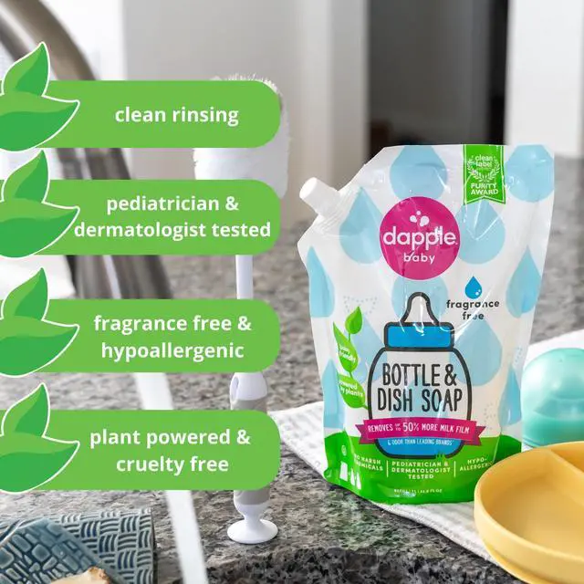 Alt view image 4 of 7 - Dapple Baby Fragrance-Free Bottle & Dish Soap Refill Pouch - (2 Pack) 33.8 fl oz - Plant-Powered Cleaner for Baby Bottles, Pump Parts, and Sippy Cups