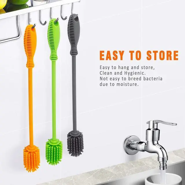 Alt view image 3 of 7 - Silicone Bottle Cleaning Brush with Long Handle, 12.5" Water Bottle Cleaner for Baby Bottles, Hydro Flask, Sports Bottle, Vase, Glassware, Perfect for Smaller Diameter Bottle Openings (One Pack)