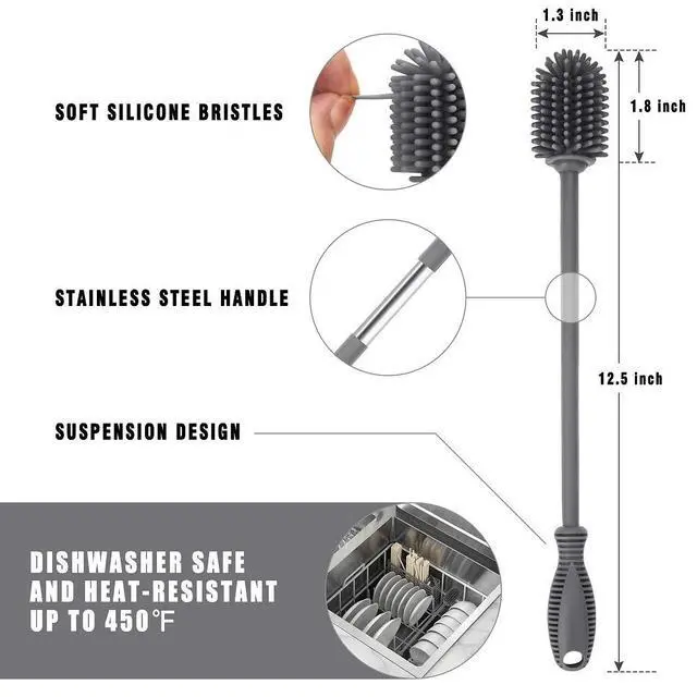 Alt view image 4 of 7 - Silicone Bottle Cleaning Brush with Long Handle, 12.5" Water Bottle Cleaner for Baby Bottles, Hydro Flask, Sports Bottle, Vase, Glassware, Perfect for Smaller Diameter Bottle Openings (One Pack)
