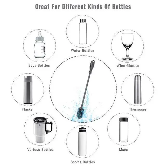 Alt view image 5 of 7 - Silicone Bottle Cleaning Brush with Long Handle, 12.5" Water Bottle Cleaner for Baby Bottles, Hydro Flask, Sports Bottle, Vase, Glassware, Perfect for Smaller Diameter Bottle Openings (One Pack)