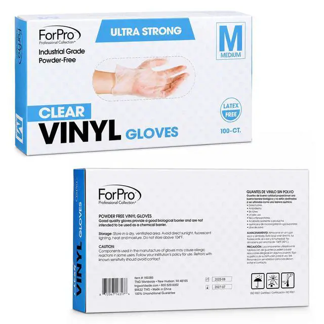 Alt view image 2 of 7 - ForPro Disposable Vinyl Gloves, Clear, Industrial Grade, Powder-Free, Latex-Free, Non-Sterile, Food Safe, 2.75 Mil. Palm, 3.9 Mil. Fingers, Medium, 100-Count