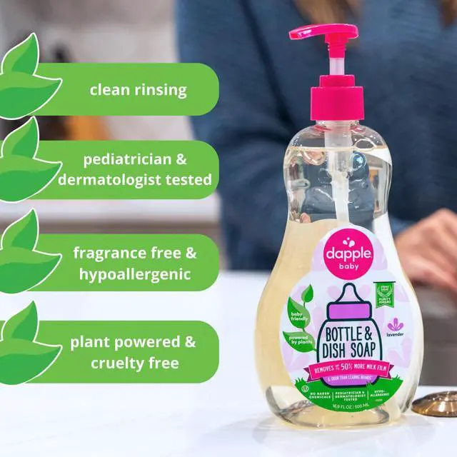 Alt view image 2 of 7 - Dapple Baby Lavender Baby Bottle & Dish Soap - (3 Pack) 16.9 fl oz - Plant-Powered Dish Soap for Bottles, Pump Parts, and Sippy Cups - Includes 1 Pump