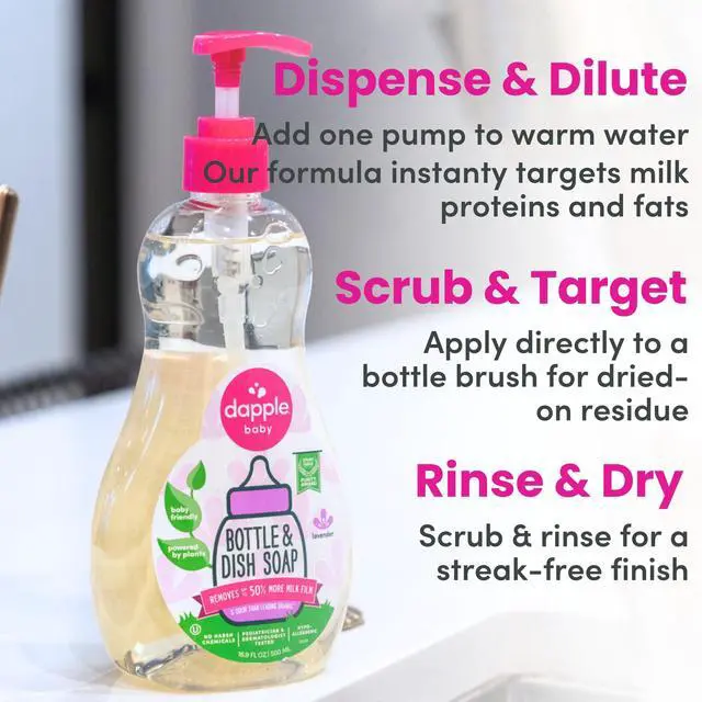Alt view image 5 of 7 - Dapple Baby Lavender Baby Bottle & Dish Soap - (3 Pack) 16.9 fl oz - Plant-Powered Dish Soap for Bottles, Pump Parts, and Sippy Cups - Includes 1 Pump