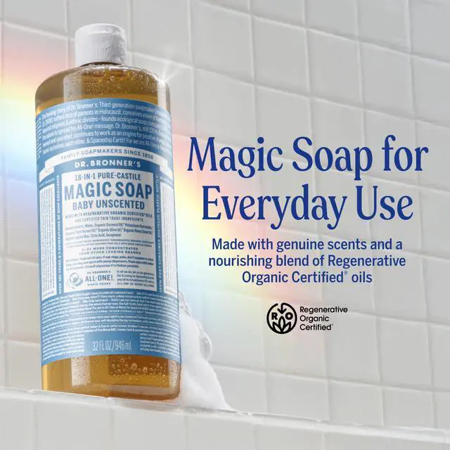 Alt view image 2 of 7 - Dr. Bronner's Pure-Castile Magic Soap Liquid (Baby Unscented, 32 Ounce) Made with Regenerative Organic Certified Oils For Sensitive Skin, Babies, Face, Hair, Laundry, Dishes, Hand Soap & Body Wash