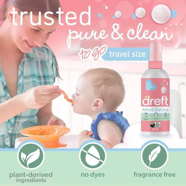 Alt view image 2 of 5 - Dreft Bottle and Dish Soap | Made to Clean Baby Bottles, Sippy Cups, Pacifiers, Breast Pumps, & More | Gently Removes Milk Film & Odors | Plant Based, Fragrance Free Dish Soap | 3 Fl Oz (Pack of 2)