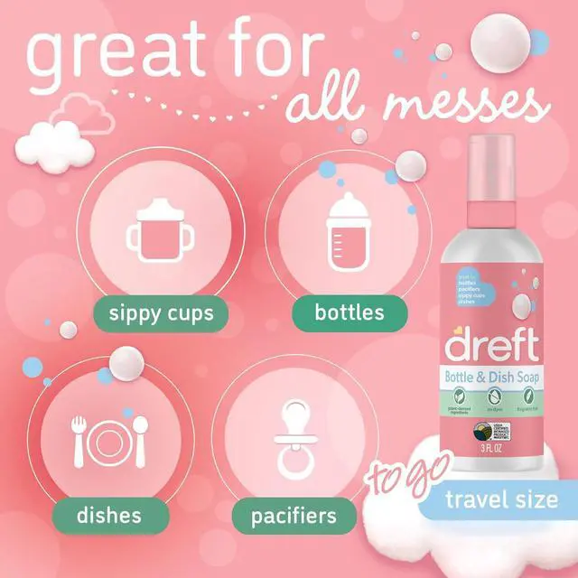 Alt view image 4 of 5 - Dreft Bottle and Dish Soap | Made to Clean Baby Bottles, Sippy Cups, Pacifiers, Breast Pumps, & More | Gently Removes Milk Film & Odors | Plant Based, Fragrance Free Dish Soap | 3 Fl Oz (Pack of 2)