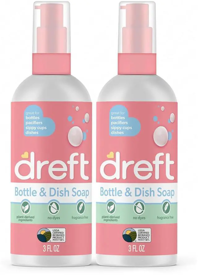 Main image of Dreft Bottle and Dish Soap | Made to Clean Baby Bottles, Sippy Cups, Pacifiers, Breast Pumps, & More | Gently Removes Milk Film & Odors | Plant Based, Fragrance Free Dish Soap | 3 Fl Oz (Pack of 2)