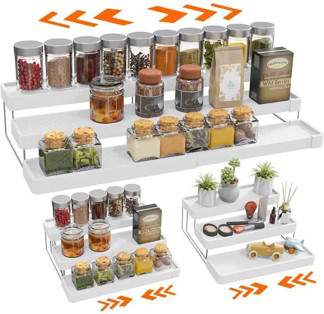Main image of INVOCOO Expandable Spice Rack Organizer for Cabinet - 3 Tier Adjustable Cabinet Spice Organizer Easy Visibility - Spice Organizer for Cabinet Countertop Cupboard Pantry Organization (White)